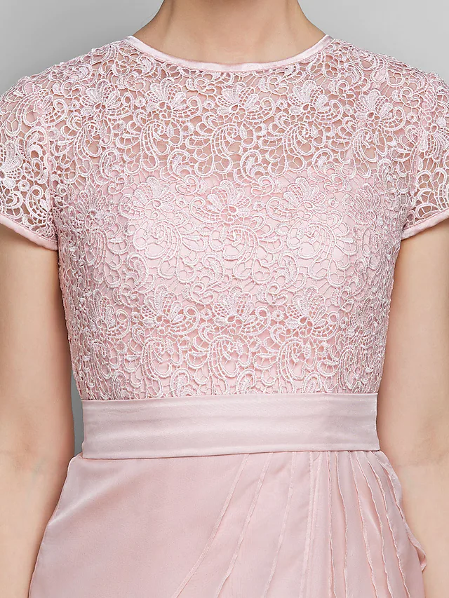 Luolandi Mother of the Bride Dress Jewel Neck Floor Length Chiffon Lace Short Sleeve with Lace Ruffles Candy Pink