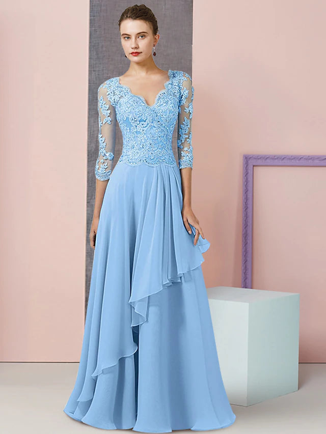 Luolandi Two Piece A-Line Mother of the Bride Dress Formal Wedding Guest Party Elegant V Neck Floor Length Chiffon Lace Half Sleeve Wrap Included with Beading Sequin
