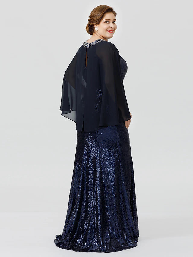 Luolandi Mermaid / Trumpet Mother of the Bride Dress Formal Chic & Modern Glamorous & Dramatic Plus Size Jewel Neck Floor Length Chiffon Sequined 3/4 Length Sleeve No with Crystals