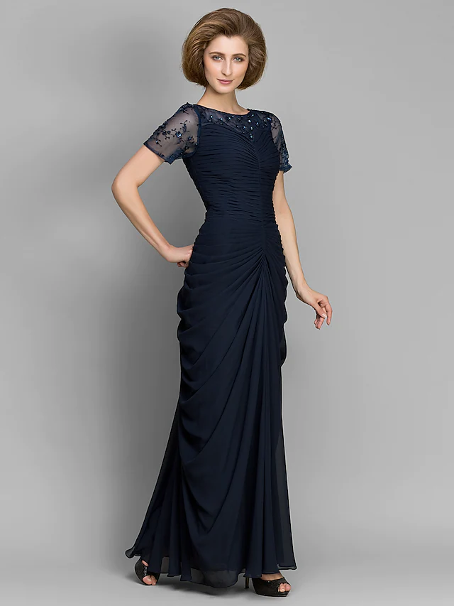 Luolandi Mother of the Bride Dress Elegant Bateau Neck Floor Length Chiffon Short Sleeve with Beading