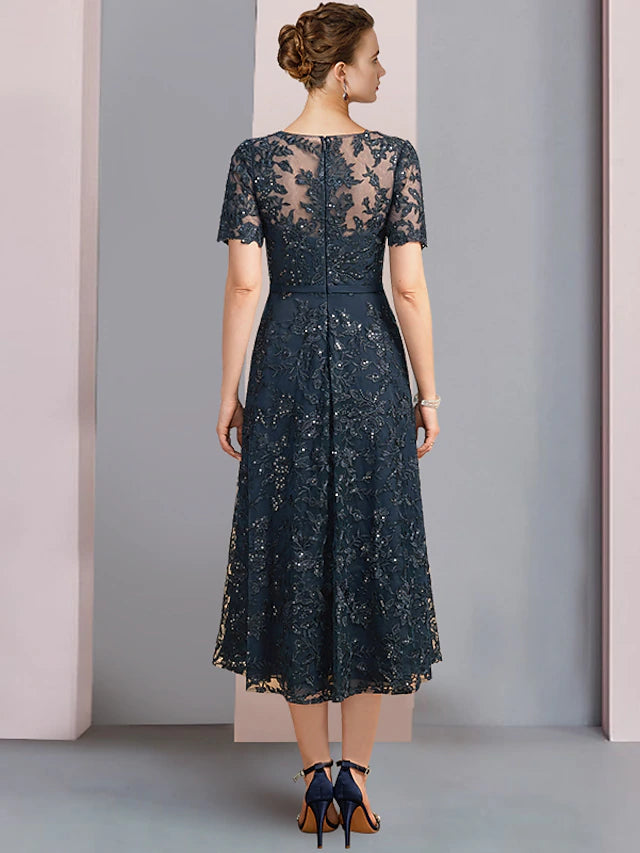 Luolandi Two Piece A-Line Mother of the Bride Dress Elegant Scoop Neck Tea Length Lace Short Sleeve with Sequin