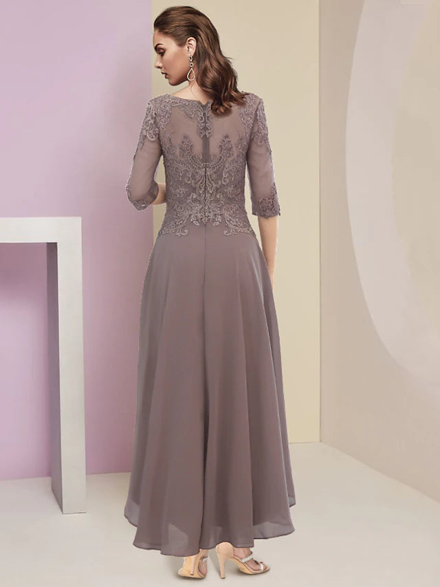 Luolandi A-Line Mother of the Bride Dress Elegant High Low Jewel Neck Asymmetrical Ankle Length Chiffon Lace Half Sleeve with Appliques
