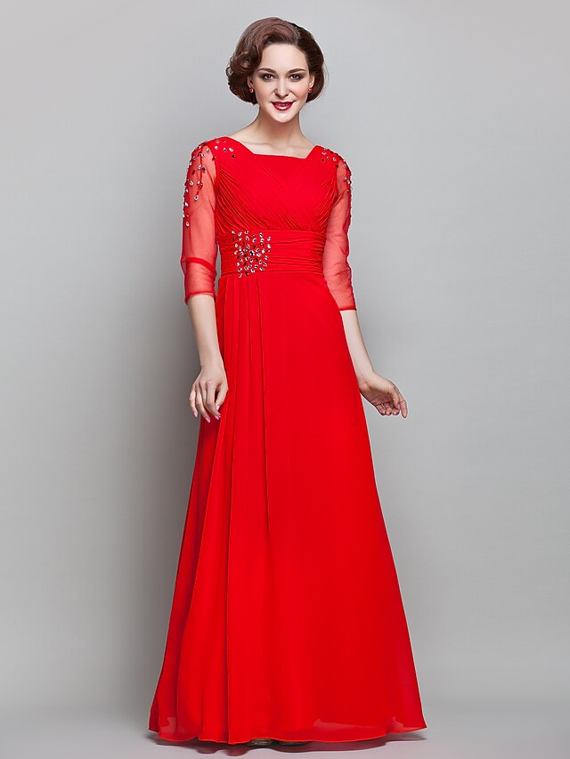 Luolandi Mother of the Bride Dress Vintage Inspired Square Neck Floor Length Chiffon Tulle 3/4 Length Sleeve with Criss Cross Red