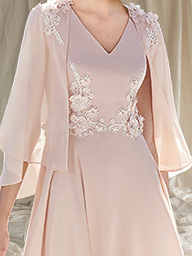 Luolandi Two Piece A-Line Mother of the Bride Dress Wedding Guest Church Elegant V Neck Tea Length Chiffon Sleeveless Wrap Included with Appliques Excluding hat