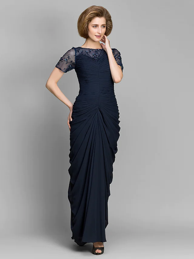 Luolandi Mother of the Bride Dress Elegant Bateau Neck Floor Length Chiffon Short Sleeve with Beading