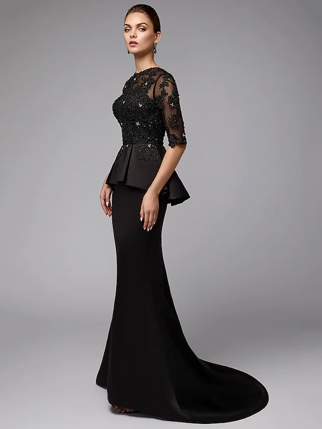 Luolandi Mother of the Bride Dress Sexy See Through Jewel Neck Lace Satin Half Sleeve with Beading Appliques Black