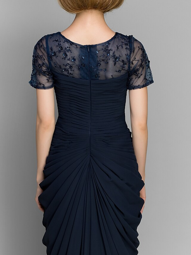 Luolandi Mother of the Bride Dress Elegant Bateau Neck Floor Length Chiffon Short Sleeve with Beading