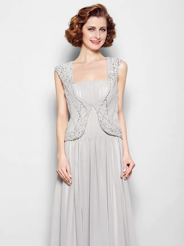 Luolandi A-Line Mother of the Bride Dress Vintage Inspired Square Neck Floor Length Chiffon Sleeveless with Beading