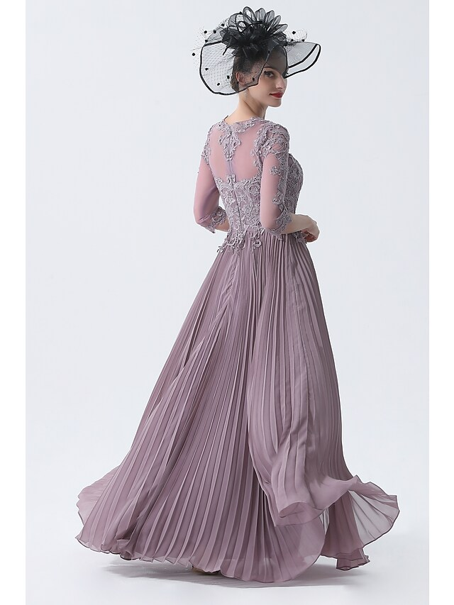 Luolandi A-Line Mother of the Bride Dress Plus Size Elegant See Through Bateau Neck Chiffon Lace Half Sleeve with Appliques