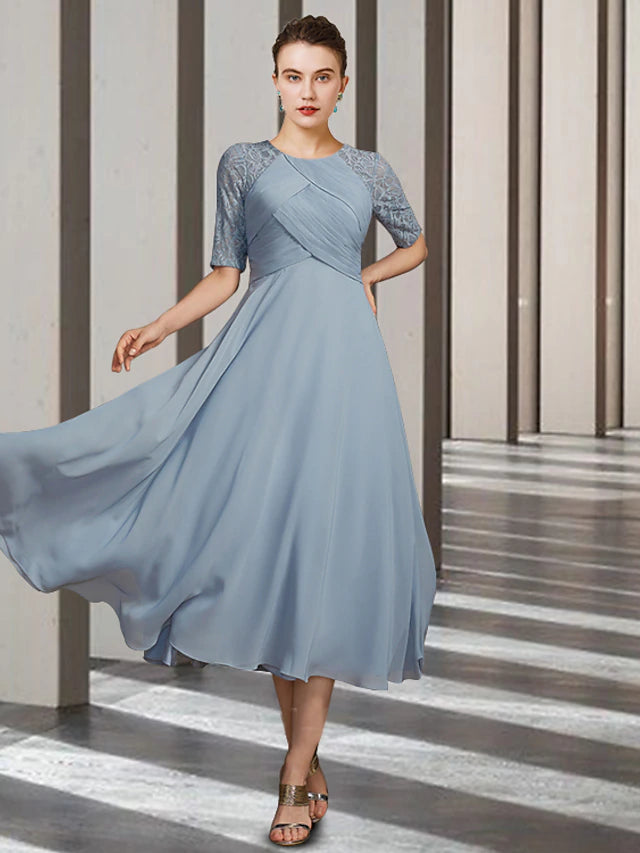 Luolandi A-Line Mother of the Bride Dress Elegant Jewel Neck Tea Length Chiffon Lace Short Sleeve
