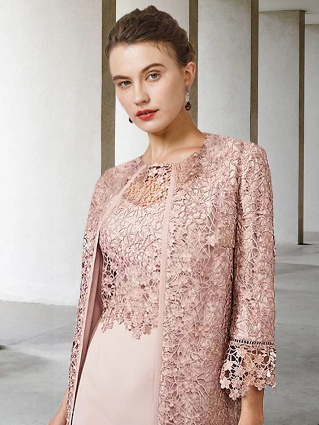 Luolandi Two Piece Sheath / Column Mother of the Bride Dress Church Elegant Jewel Neck Knee Length Chiffon Lace Short Sleeve Jacket Dresses