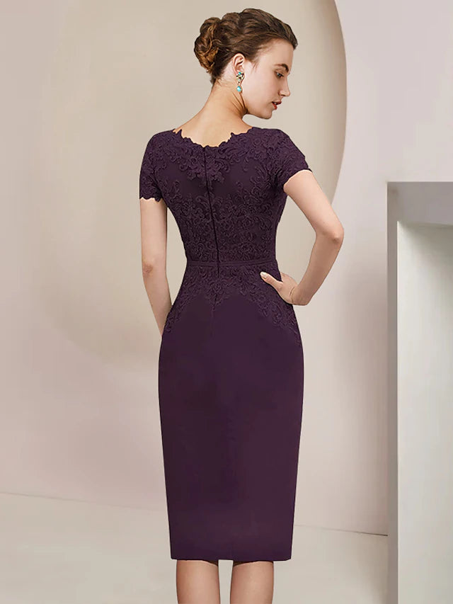 Luolandi Two Piece Sheath / Column Mother of the Bride Dress Formal Wedding Guest Elegant V Neck Knee Length Chiffon Lace Short Sleeve Jacket Dresses