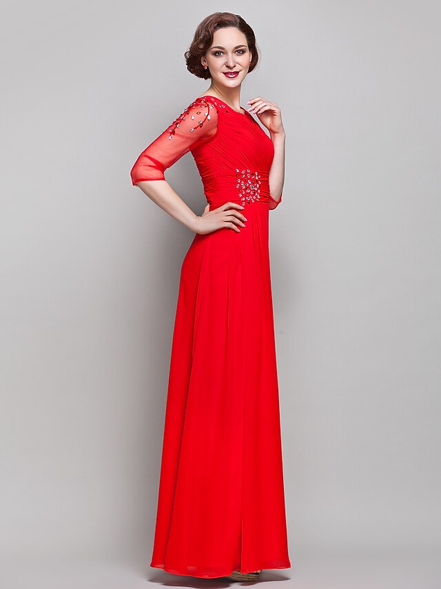 Luolandi Mother of the Bride Dress Vintage Inspired Square Neck Floor Length Chiffon Tulle 3/4 Length Sleeve with Criss Cross Red