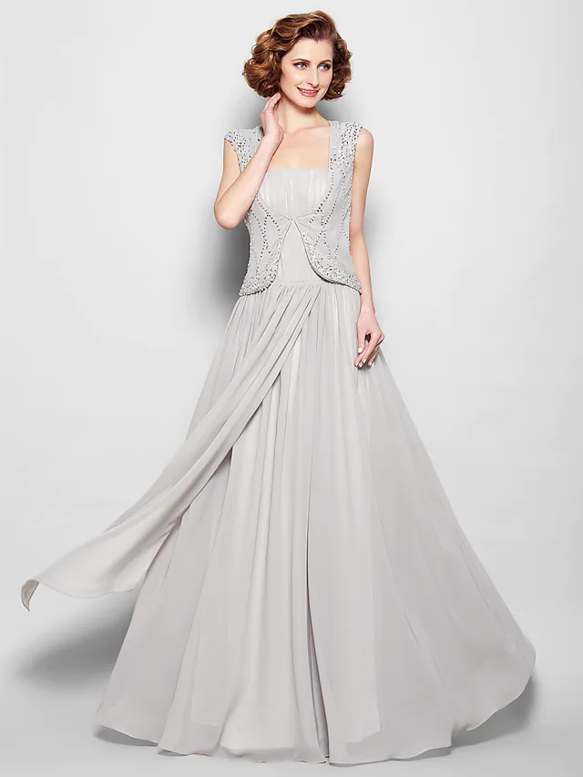 Luolandi A-Line Mother of the Bride Dress Vintage Inspired Square Neck Floor Length Chiffon Sleeveless with Beading