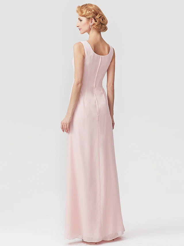 Luolandi Two Piece A-Line Mother of the Bride Dress Elegant Square Neck Floor Length Chiffon Charmeuse Sleeveless Wrap Included