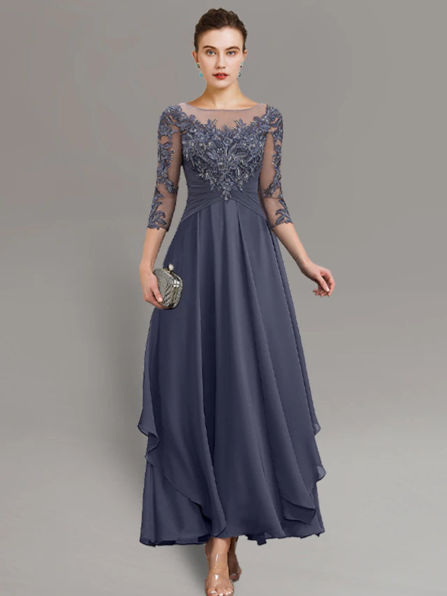 Luolandi Sheath / Column Mother of the Bride Dress Wedding Guest Simple Elegant Jewel Neck Ankle Length Chiffon Lace 3/4 Length Sleeve with Pleats