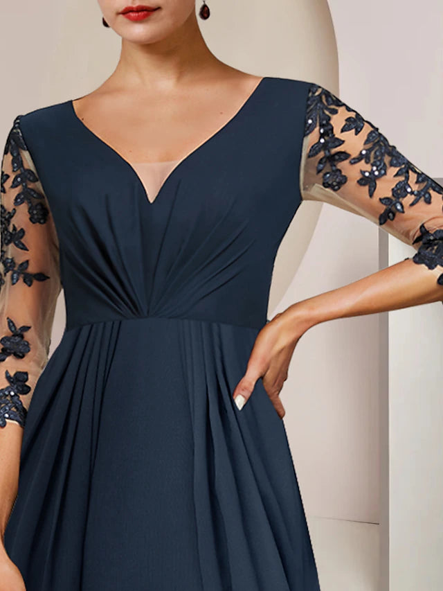 Luolandi A-Line Mother of the Bride Dress Wedding Guest Elegant High Low V Neck Ankle Length Chiffon Lace 3/4 Length Sleeve with Sequin
