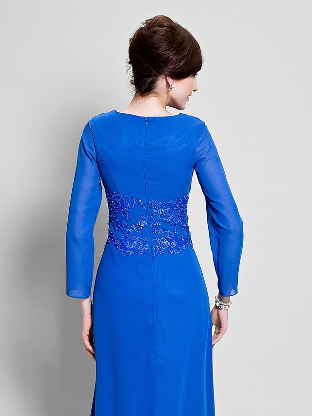 Luolandi Mother of the Bride Dress Vintage Inspired Cowl Neck Floor Length Chiffon Long Sleeve with Appliques Ocean Blue