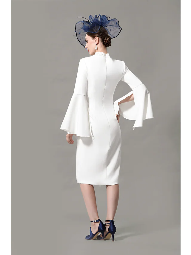 Luolandi Mother of the Bride Dress Wrap Included High Neck Knee Length Jersey 3/4 Length Sleeve with Crystals Ivory