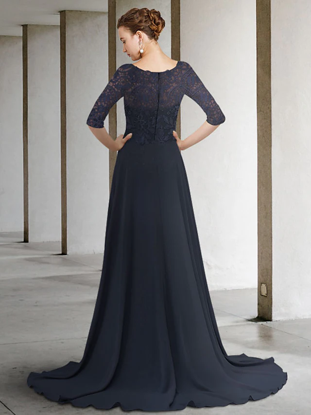 Luolandi A-Line Mother of the Bride Dress Elegant Jewel Neck Chiffon Lace Half Sleeve with Pleats Dark Navy