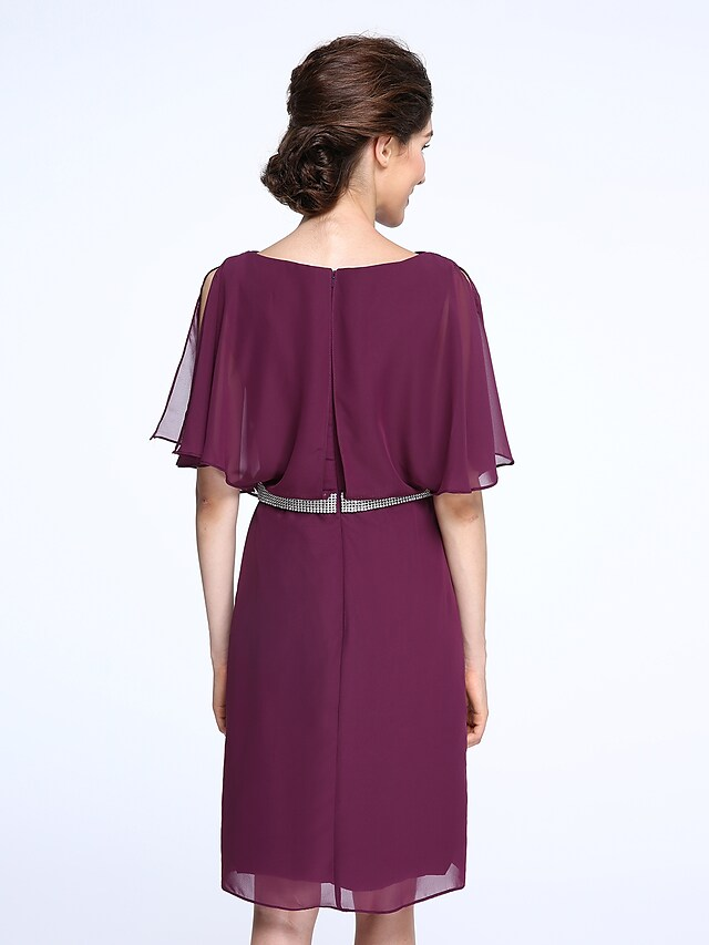 Luolandi Mother of the Bride Dress Elegant Bateau Neck Knee Length Chiffon Half Sleeve with Crystals Grape