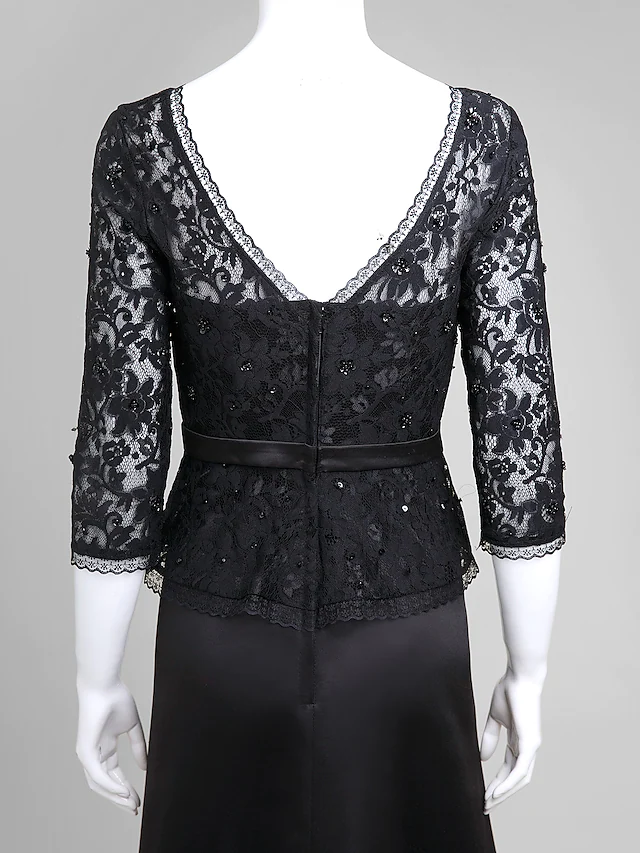 Luolandi A-Line Mother of the Bride Dress Open Back V Neck Floor Length Lace Satin Half Sleeve with Bow(s)