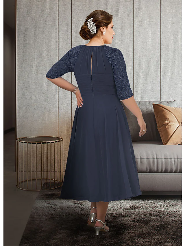 Luolandi A-Line Mother of the Bride Dress Plus Size Elegant Jewel Neck Tea Length Chiffon Lace Half Sleeve with Pleats Appliques Ruching Dark Navy