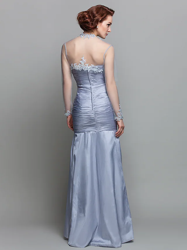 Luolandi Mother of the Bride Dress Wrap Included Strapless Floor Length Lace Taffeta Long Sleeve with Ruched Beading