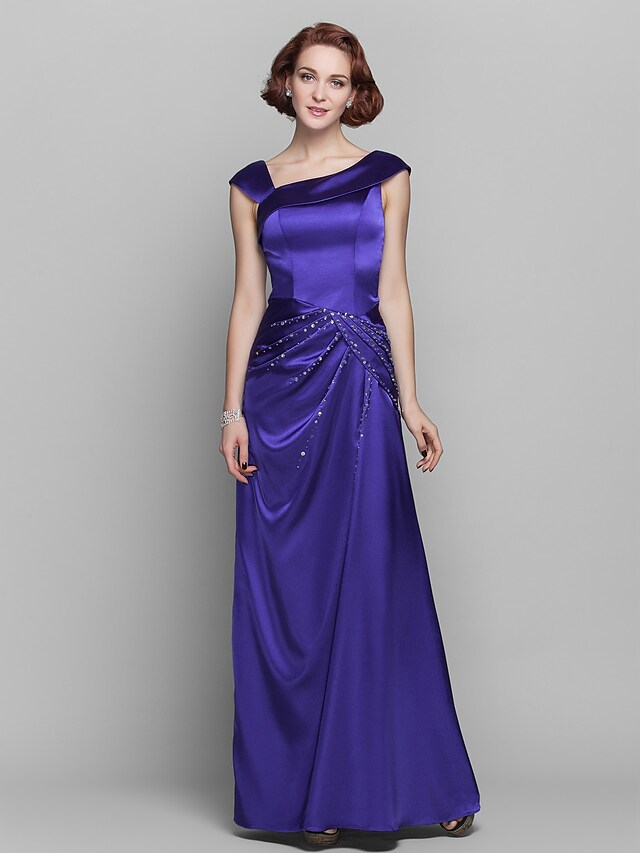 Luolandi Mother of the Bride Dress Elegant Off Shoulder Floor Length Satin Sleeveless with Beading