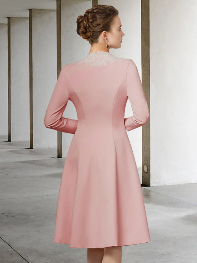 Luolandi Mother of the Bride Dress Elegant V Neck Knee Length Fabric Half Sleeve with Appliques Dusty Rose