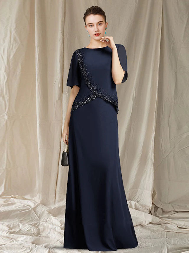 Luolandi A-Line Mother of the Bride Dress Elegant Jewel Neck Floor Length Chiffon Short Sleeve
