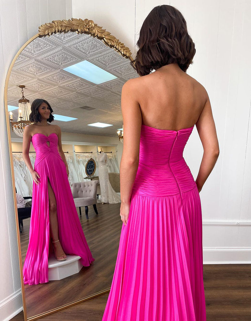 Luolandi Hot Pink A Line Sweetheart Keyhole Pleated Prom Dress With Slit Off Shoulder Sexy Evening Dress
