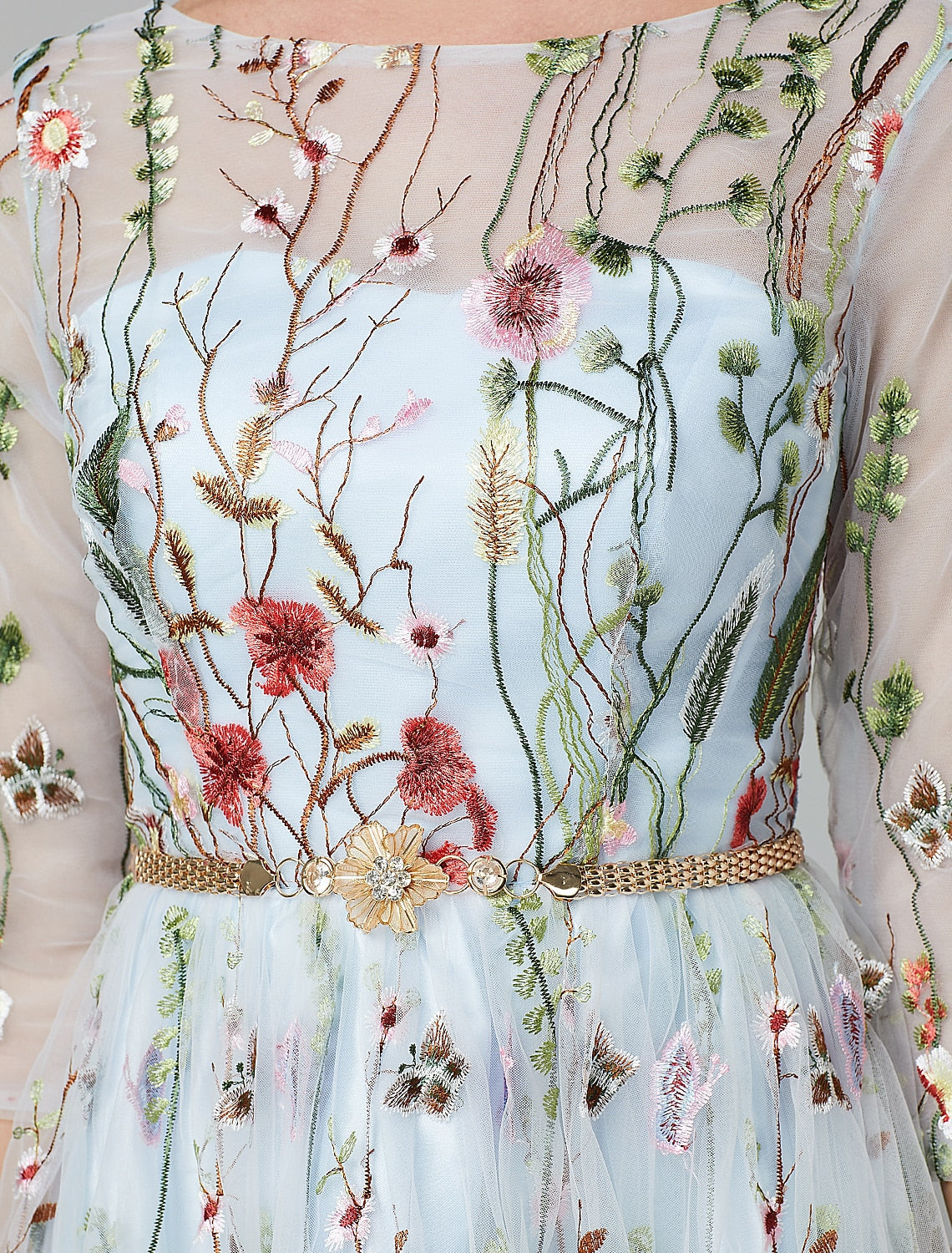 Luolandi A-Line Evening Gown Party Dress Floral Dress Holiday Wedding Guest Floor Length 3/4 Length Sleeve Illusion Neck Lace