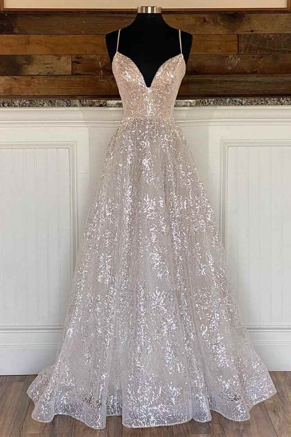 Luolandi Light Champagne Sequin Lace A-Line Prom Dress Sparkly Evening Dress Floor Length
