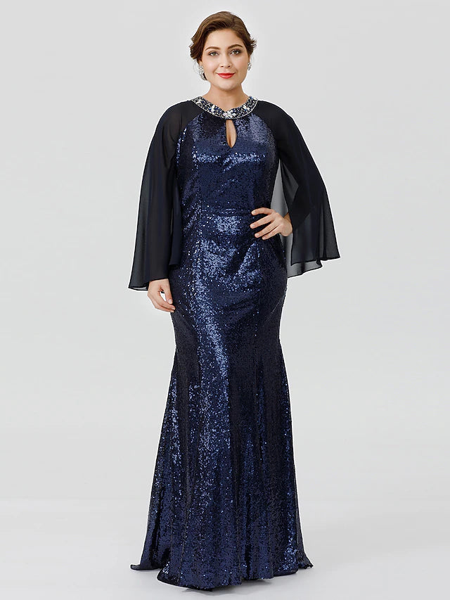 Luolandi Mermaid / Trumpet Mother of the Bride Dress Formal Chic & Modern Glamorous & Dramatic Plus Size Jewel Neck Floor Length Chiffon Sequined 3/4 Length Sleeve No with Crystals