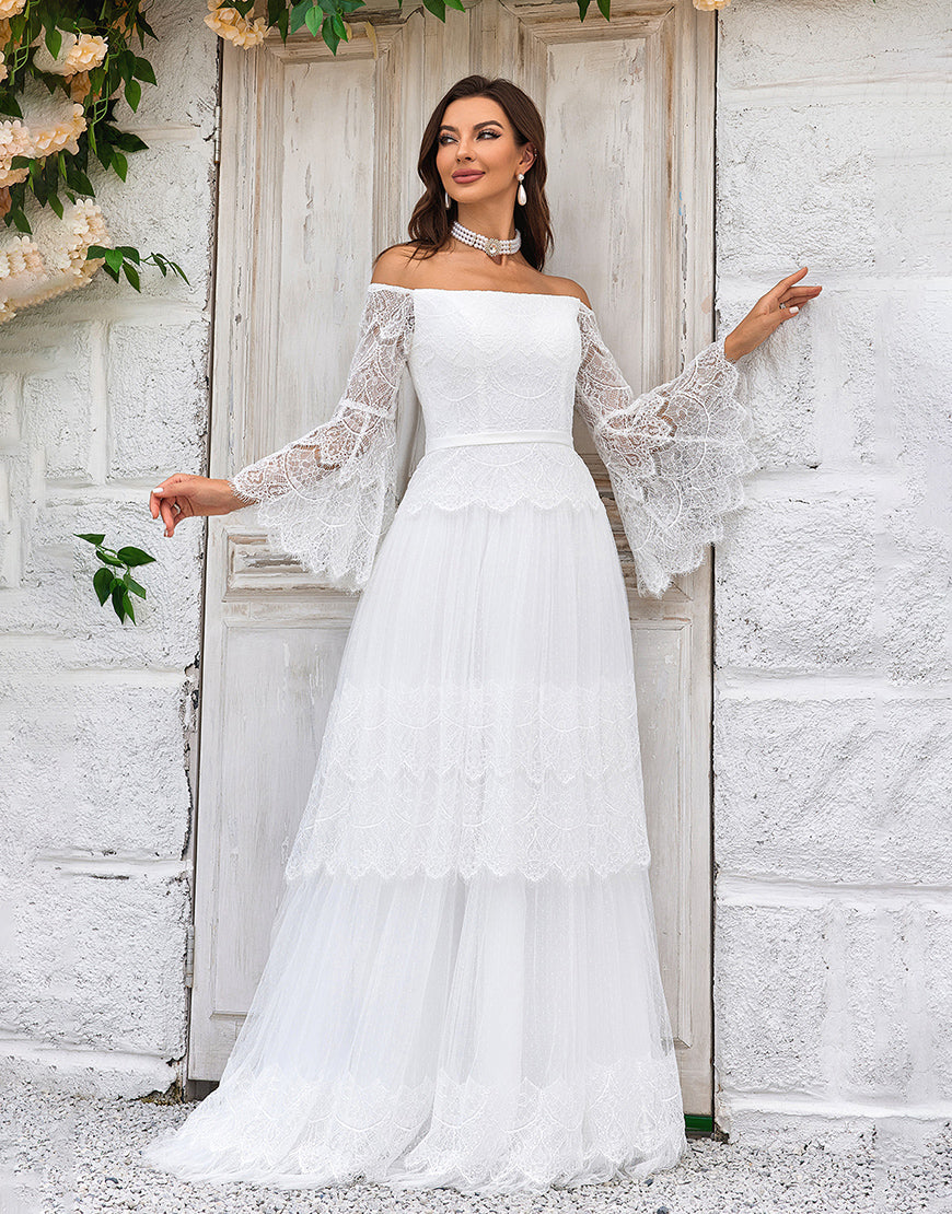 Luolandi Ivory Sweep Train Flare Sleeves Wedding Dress Off Shoulder Floor Length