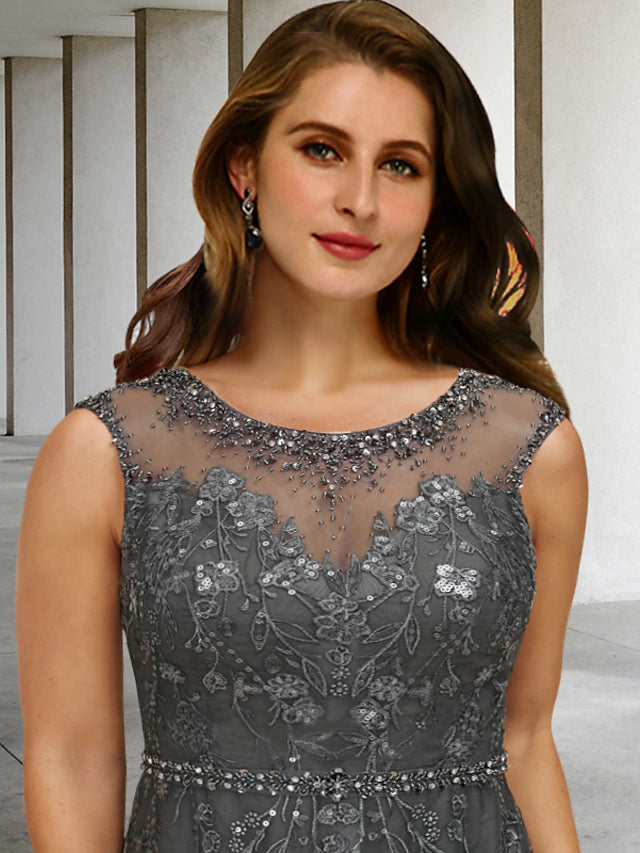 Luolandi A-Line Plus Size Curve Mother of the Bride Dresses Elegant Dress Formal Floor Length Sleeveless Jewel Neck Lace with Beading