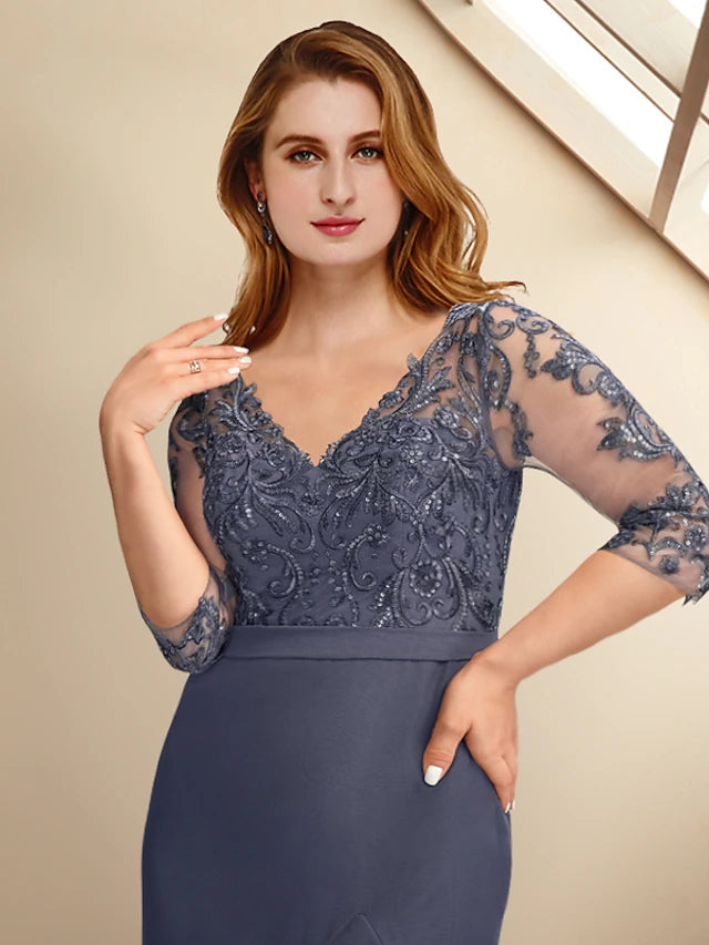 Luolandi A-Line Plus Size Curve Mother of the Bride Dresses Elegant Dress Formal Ankle Length Half Sleeve V Neck Chiffon with Appliques
