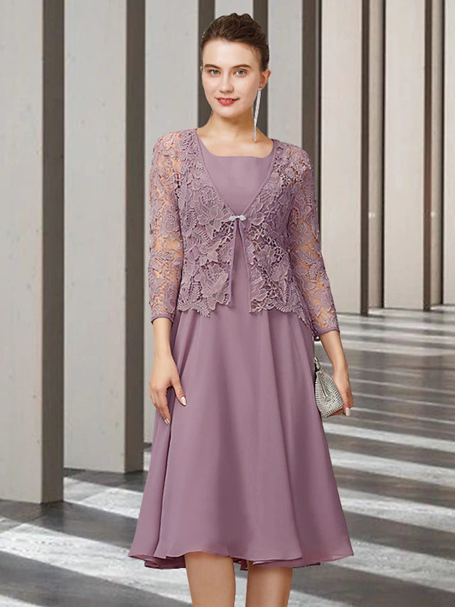 Luolandi Two Piece A-Line Mother of the Bride Dress Elegant Jewel Neck Knee Length Chiffon Lace Sleeveless