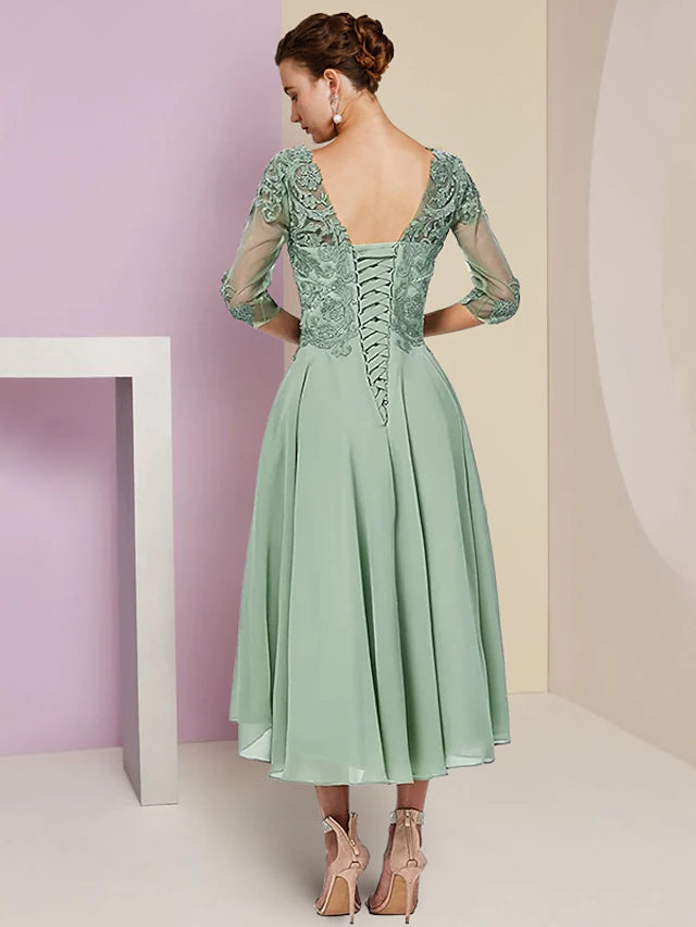 Luolandi Two Piece A-Line Mother of the Bride Dress Formal Wedding Guest Elegant High Low Scoop Neck Asymmetrical Tea Length Chiffon Lace Half Sleeve Wrap Included with Beading