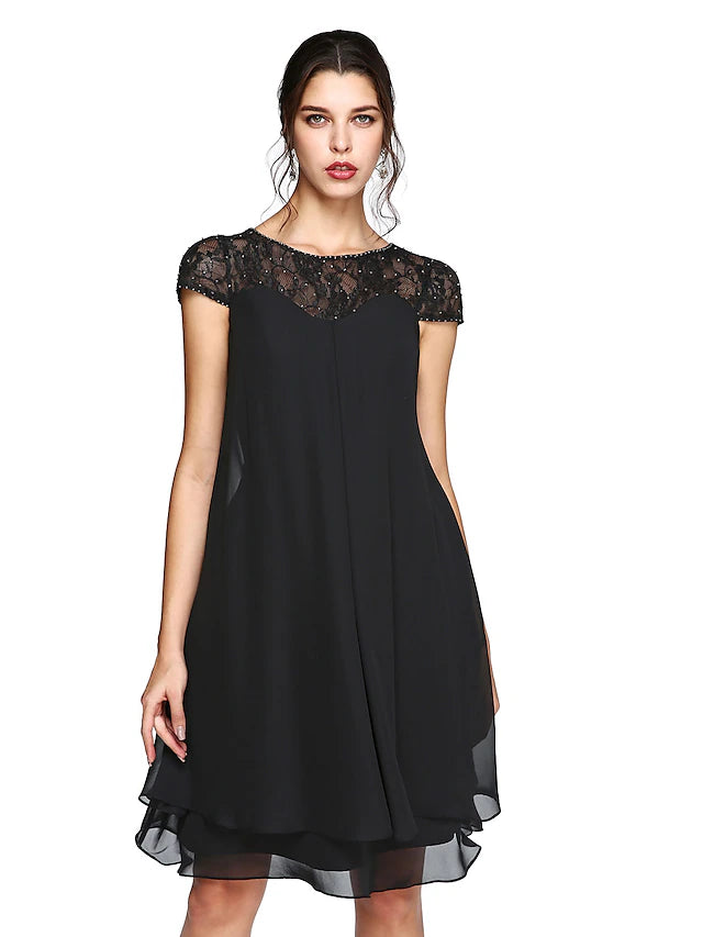 Luolandi A-Line Mother of the Bride Dress Plus Size Elegant Illusion Neck Knee Length Chiffon Lace Short Sleeve