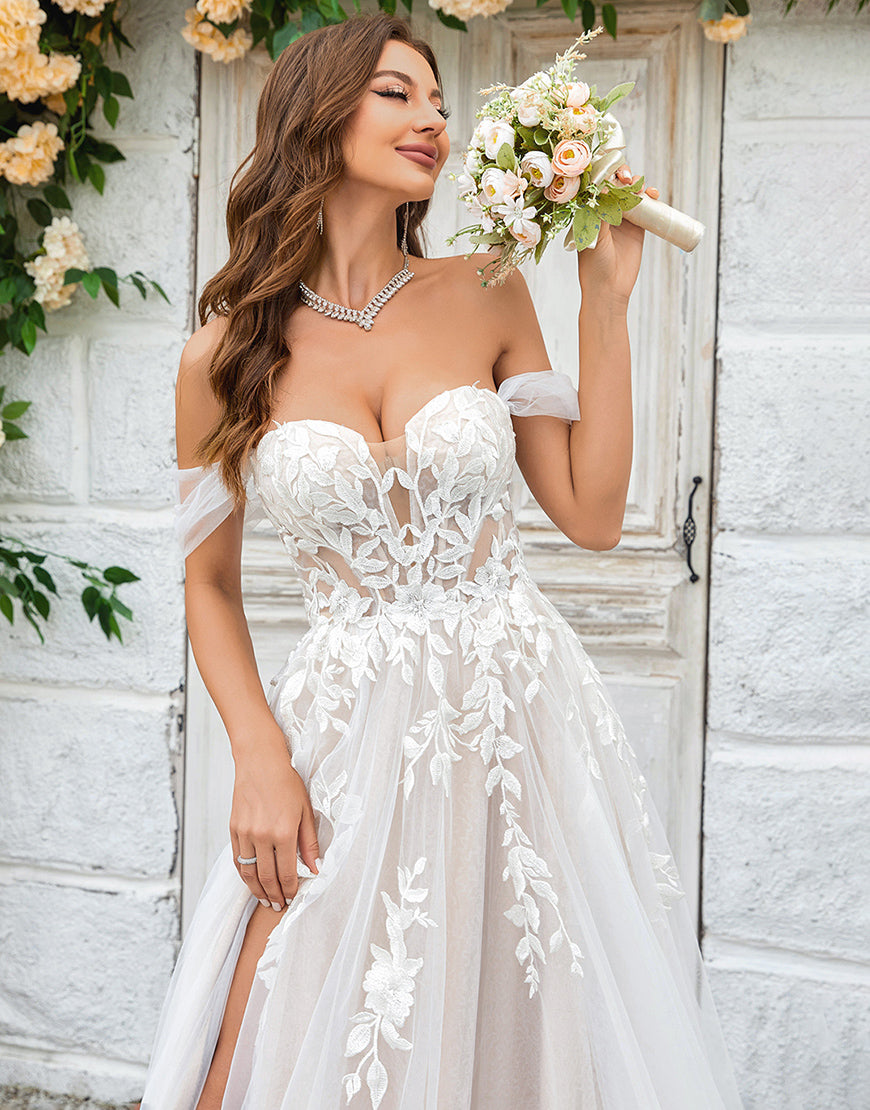 Luolandi Beauty A Line Off the Shoulder Champagne Tulle Detachable Wedding Dress with Lace With Slit