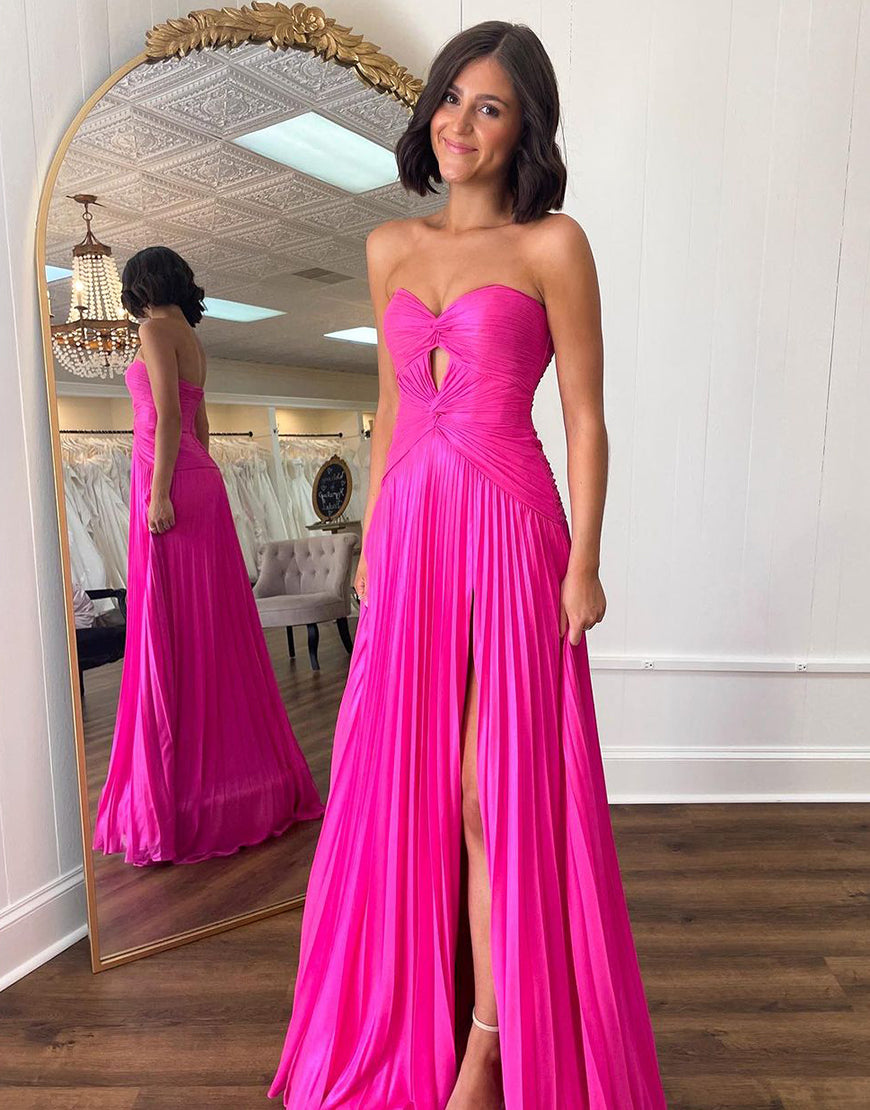 Luolandi Hot Pink A Line Sweetheart Keyhole Pleated Prom Dress With Slit Off Shoulder Sexy Evening Dress