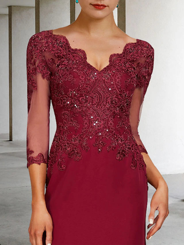 Luolandi Mermaid / Trumpet Mother of the Bride Dress Luxurious Elegant V Neck Court Train Lace Chiffon 3/4 Length Sleeve with Sequin