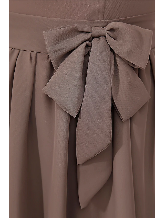 Luolandi A-Line Mother of the Bride Dress Sweet Jewel Neck Knee Length Chiffon Short Sleeve with Buttons Brown