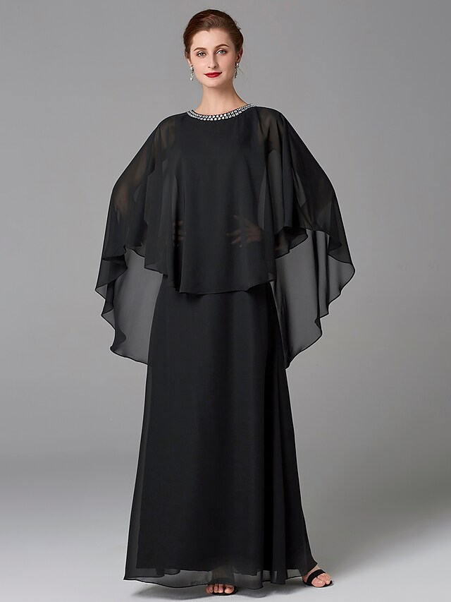 Luolandi A-Line Mother of the Bride Dress Plus Size Elegant Jewel Neck Floor Length Chiffon Sleeveless with Beading Black