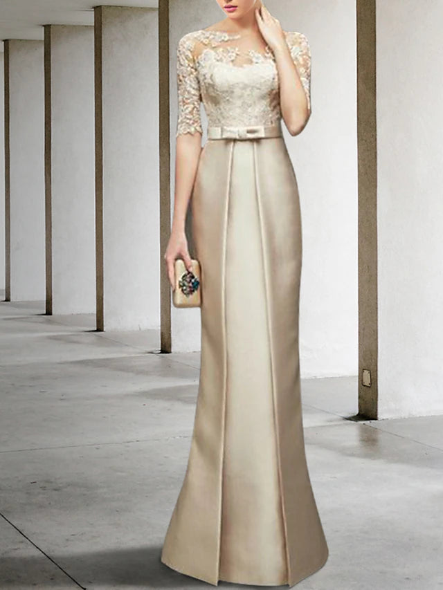 Luolandi Mermaid / Trumpet Mother of the Bride Dress Elegant Jewel Neck Knee Length Satin Lace Half Sleeve with Bow(s)