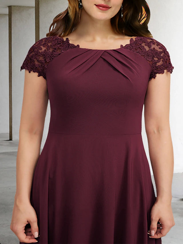 Luolandi A-Line Plus Size Curve Mother of the Bride Dresses Elegant Dress Formal Floor Length Short Sleeve Jewel Neck Chiffon with Pleats