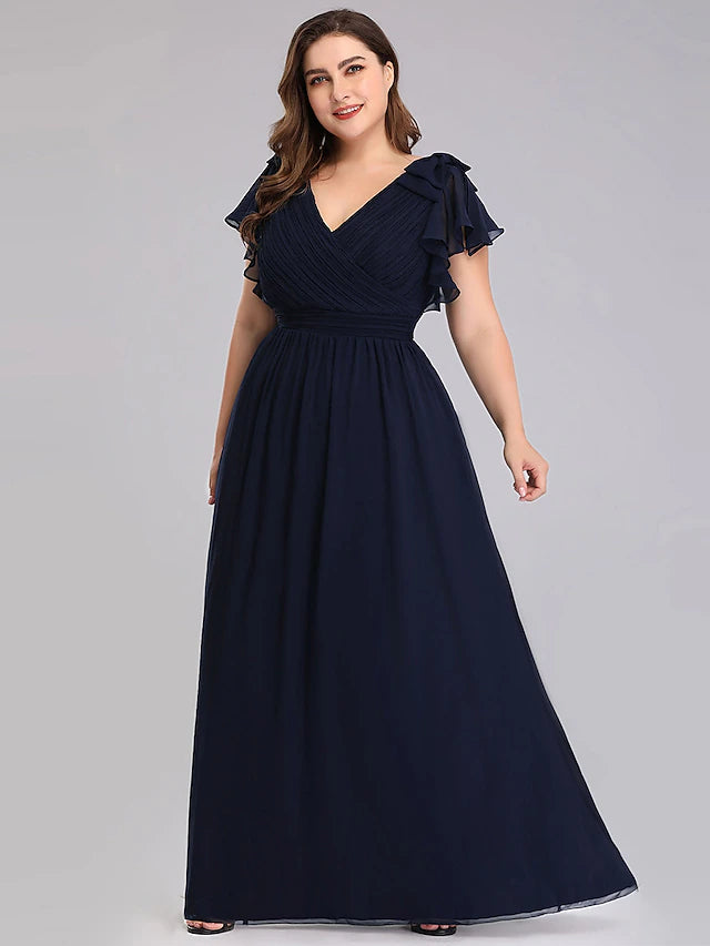 Luolandi A-Line Mother of the Bride Dress Plus Size V Neck Floor Length Chiffon Short Sleeve with Ruffles