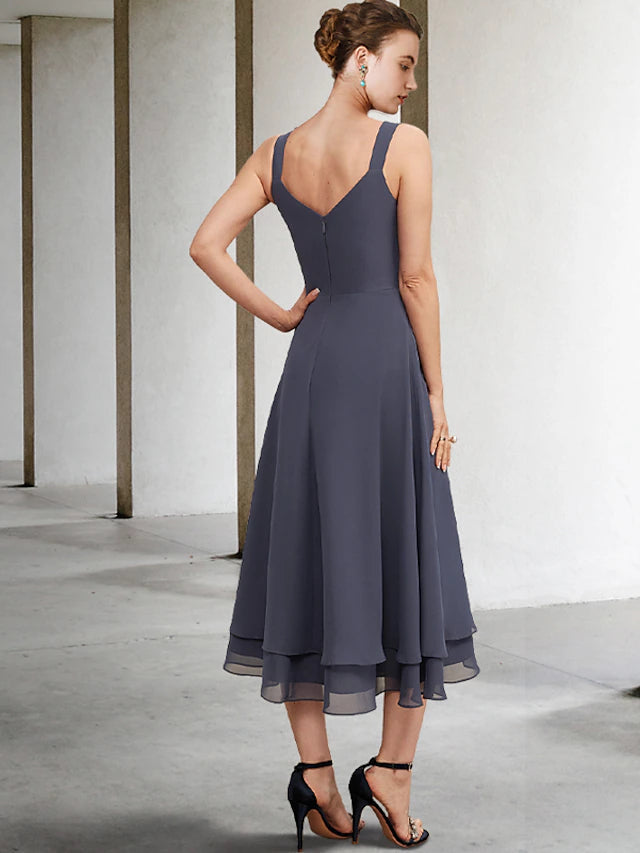 Luolandi A-Line Mother of the Bride Dress Elegant V Neck Tea Length Chiffon Lace Sleeveless Jacket Dresses with Tier